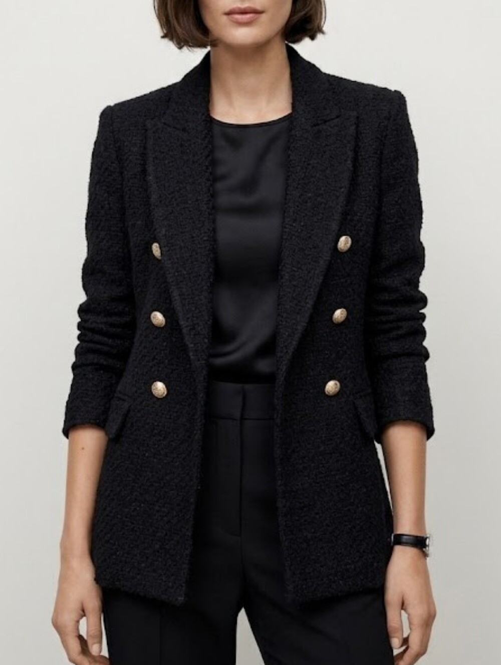 Zara Tailored Black Bouclé Double-Breasted Women's Blazer Size XS Office Chic